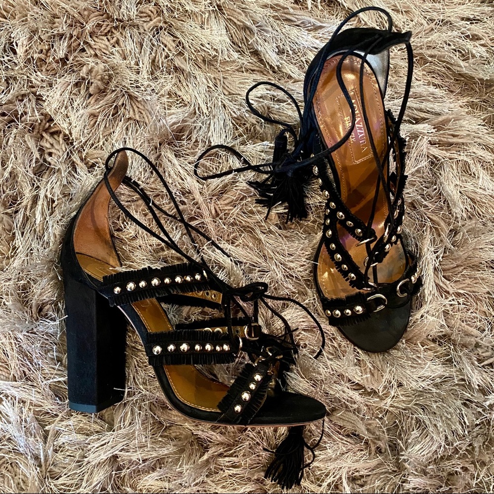 AQUAZZURA FIRENZE Black Suede Tulum Sandal Heels